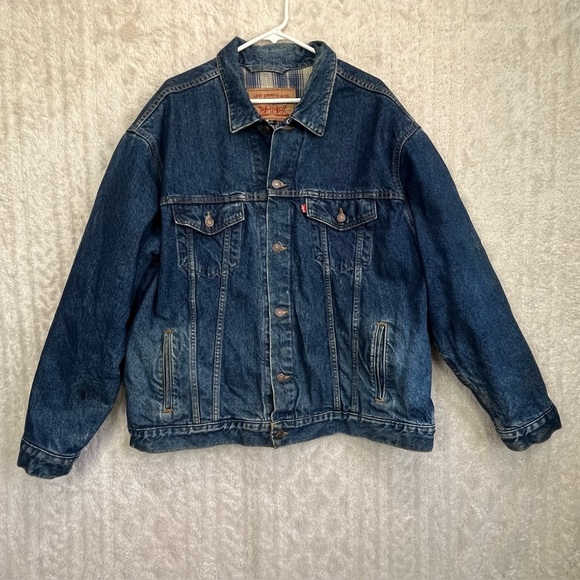 Vintage Levi's Thick Flannnel Plaid Lined Trucker Denim Jacket Sz XL Men's